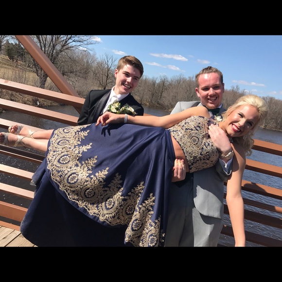 Dresses & Skirts - High-Low navy blue and gold prom dress.